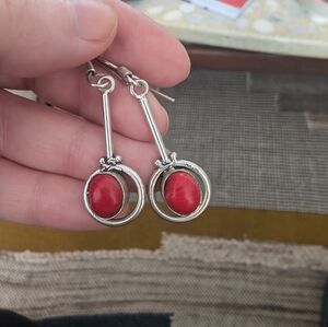 Silver and Red Stone Dangle Earrings